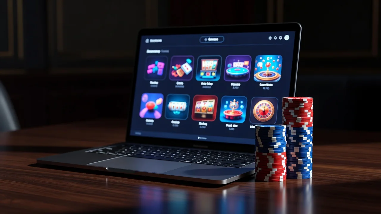 Modern online casino lobby on a laptop screen beside stacked poker chips