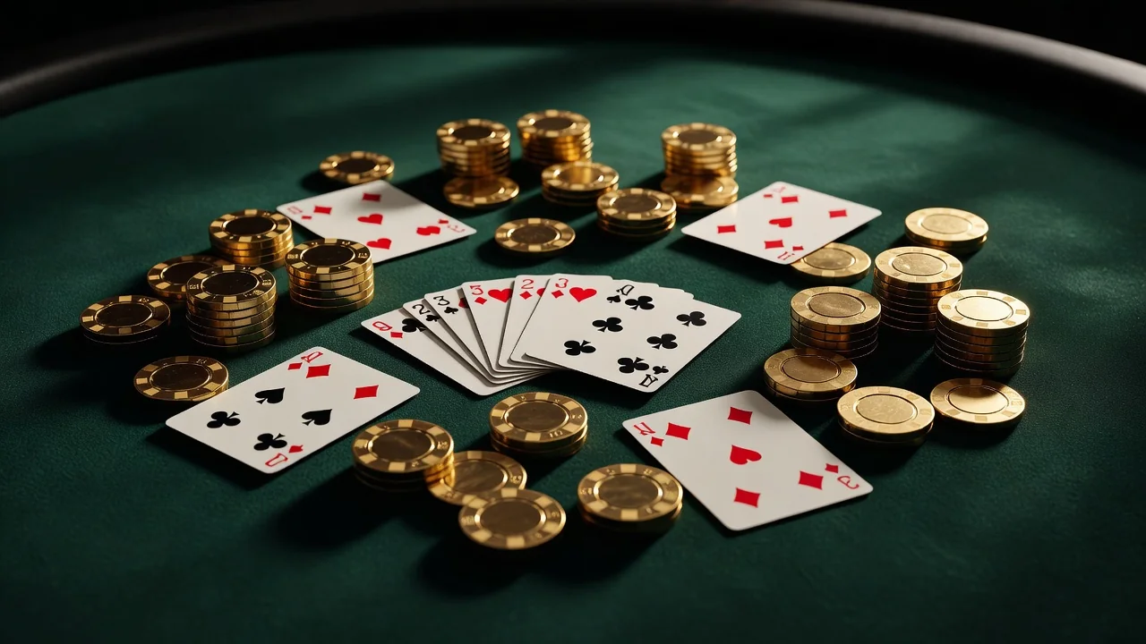 Golden casino chips and playing cards arranged on a dark green felt table